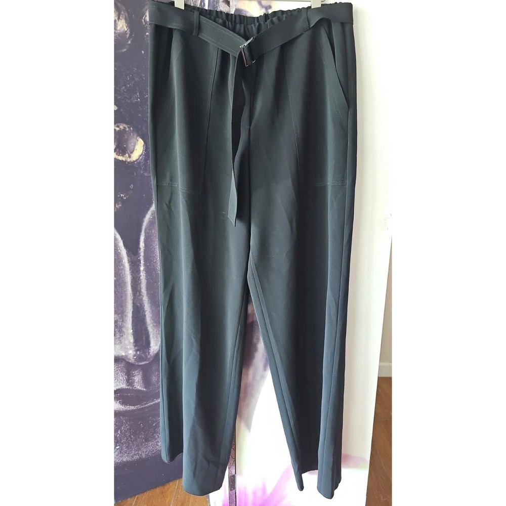 ST JOHN Belted Wide Leg Elastic Waist Pleated Poly Blend Pant Size L Black YJ01
